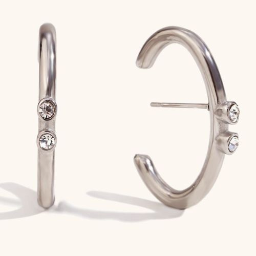 White Zircon and 316L Steel Hoop Earrings