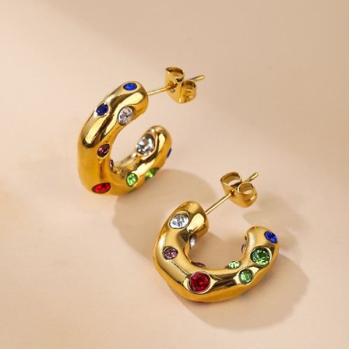 Zircon and Gold Titanium Steel Hoop Earrings