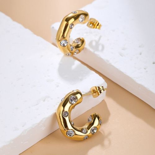 Zircon and Gold Titanium Steel Hoop Earrings