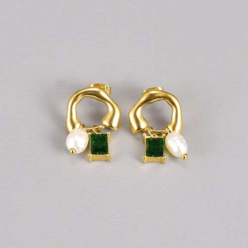 Green Zircon and Gold Titanium Steel Pearls Earrings