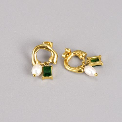 Green Zircon and Gold Titanium Steel Pearls Earrings