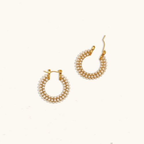 Gold 316L Steel and White Pearl Hoop Earrings