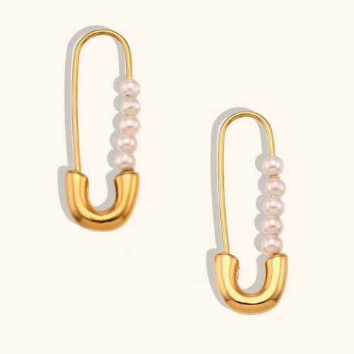 Gold 316L Steel and White Freshwater  pearl Geometric Earrings