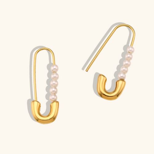 Gold 316L Steel and White Freshwater  pearl Geometric Earrings