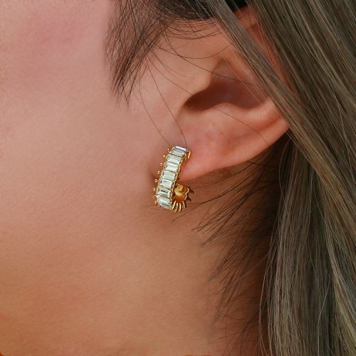 Gold 316L Steel and White Zircon Earrings