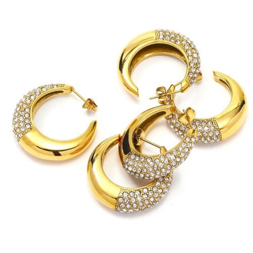 Gold Titanium Steel and White Zircon Hoop Earrings