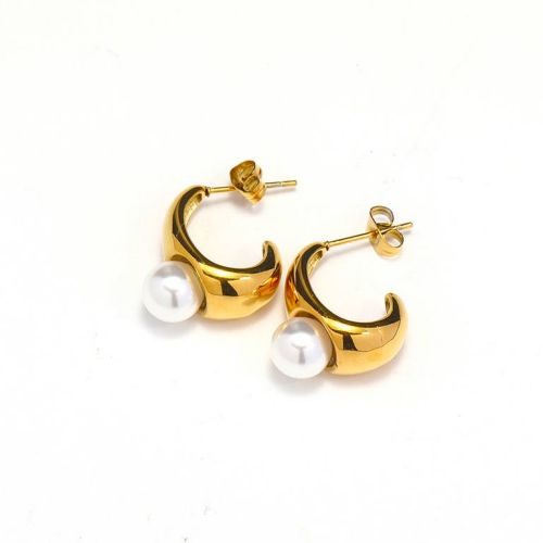 Gold Titanium Steel and White Pearls Earrings