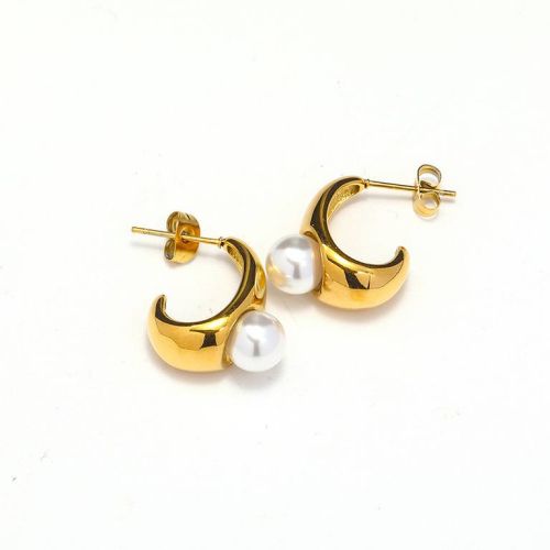 Gold Titanium Steel and White Pearls Earrings