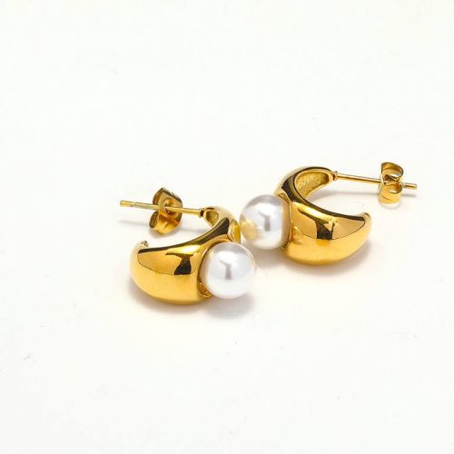 Gold Titanium Steel and White Pearls Earrings