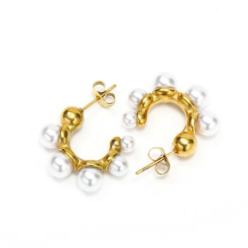 Gold Titanium Steel and White Pearl Hoop Earrings