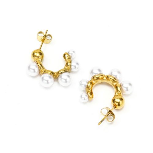 Gold Titanium Steel and White Pearl Hoop Earrings