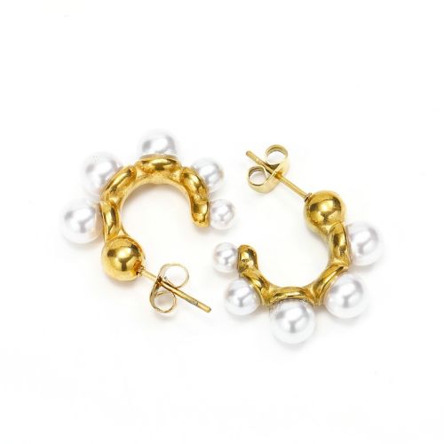 Gold Titanium Steel and White Pearl Hoop Earrings