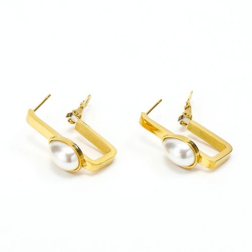 Gold Titanium Steel and White Pearl Hoop Earrings