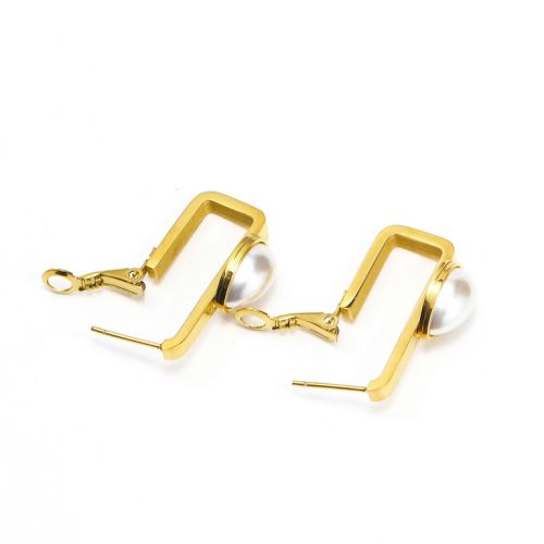 Gold Titanium Steel and White Pearl Hoop Earrings